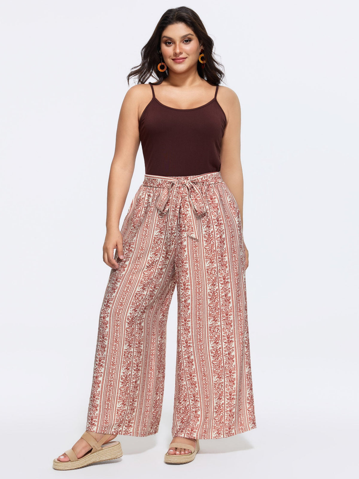 Waist-Tie Wide-Leg Boho Print Pants