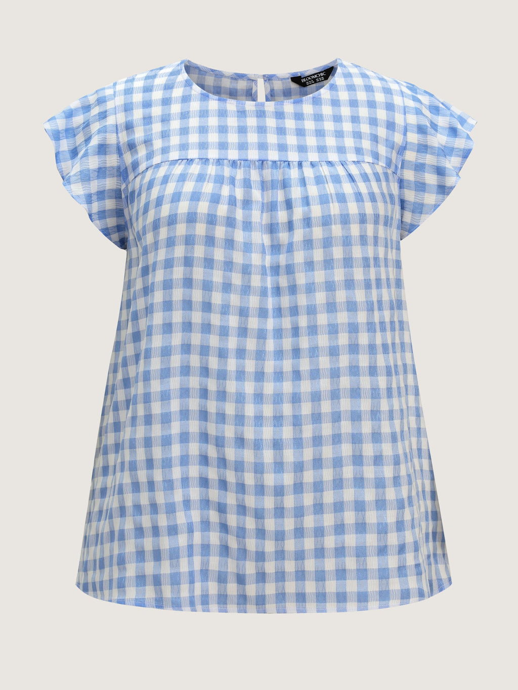 Gingham Print Ruffled Sleeve Pleated Blouse