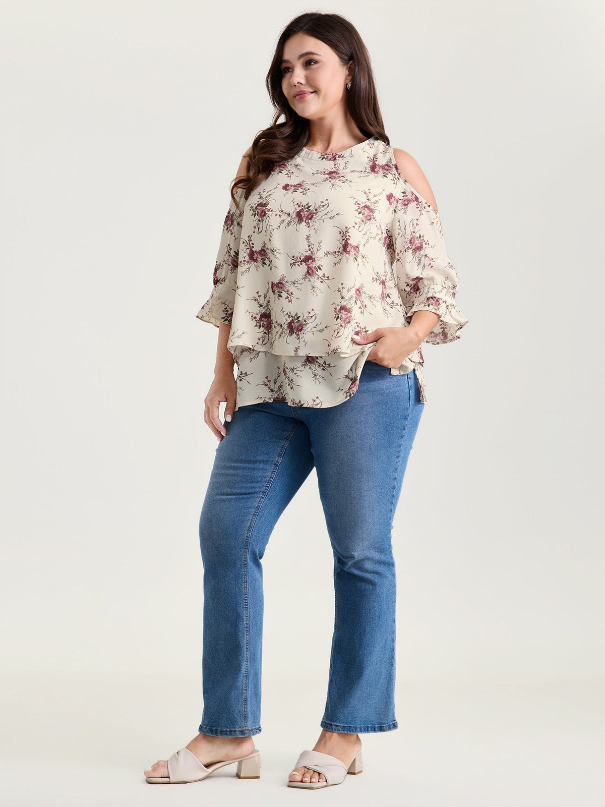 Blooming Floral Layered Hem Cut-Out Shoulder Blouse