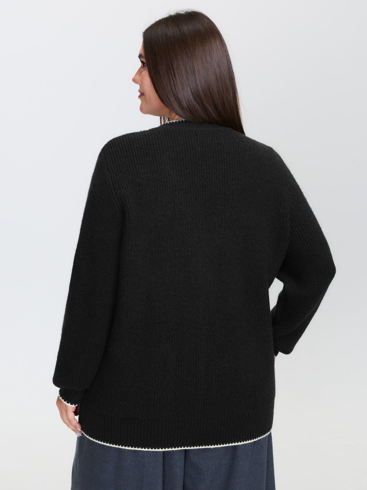 Color Contrast Edged V-Neck Knit Cardigan
