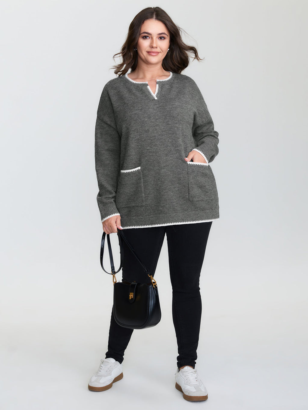 Color Contrast Patch Pockets Split Neckline Pullover