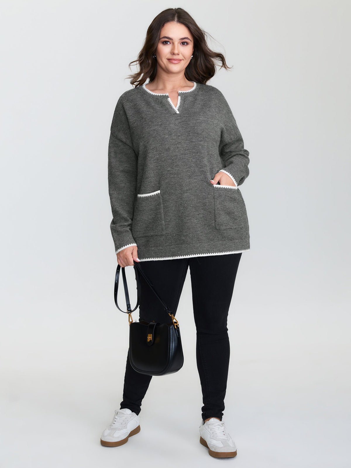 Color Contrast Patch Pockets Split Neckline Pullover