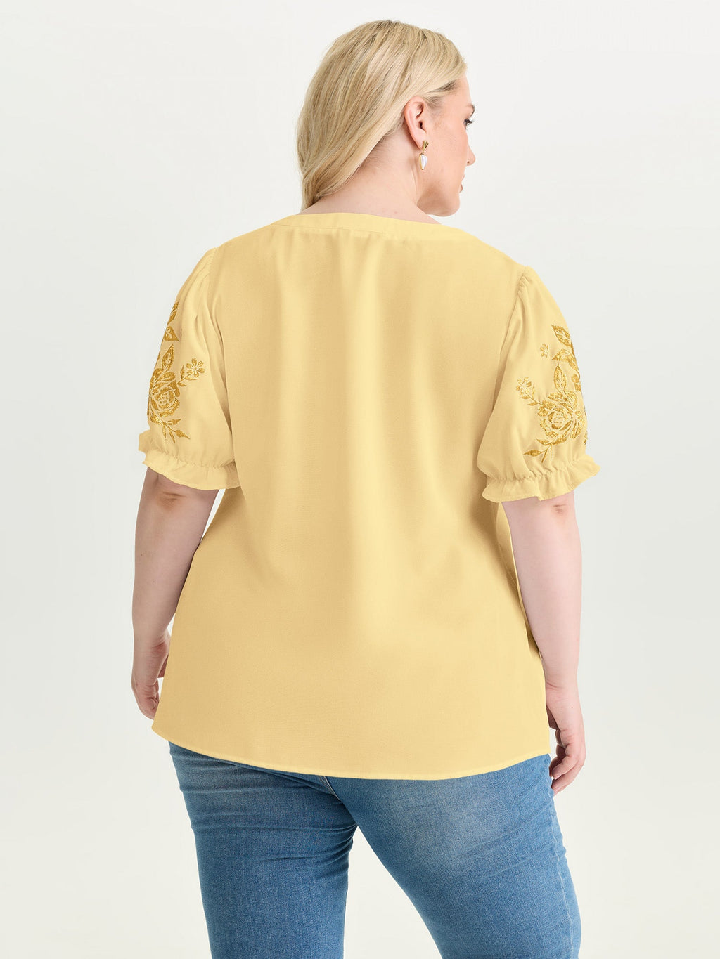 Notched Collar Embroidered Ruffled Blouse