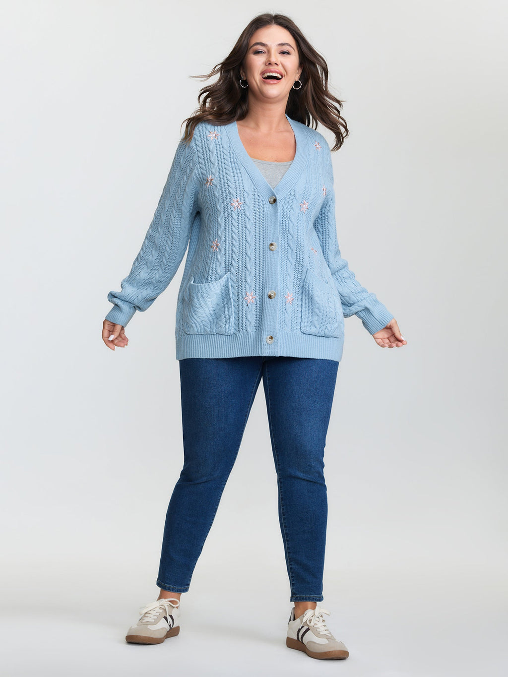 Braided Texture Floral Embroidery Knit Cardigan