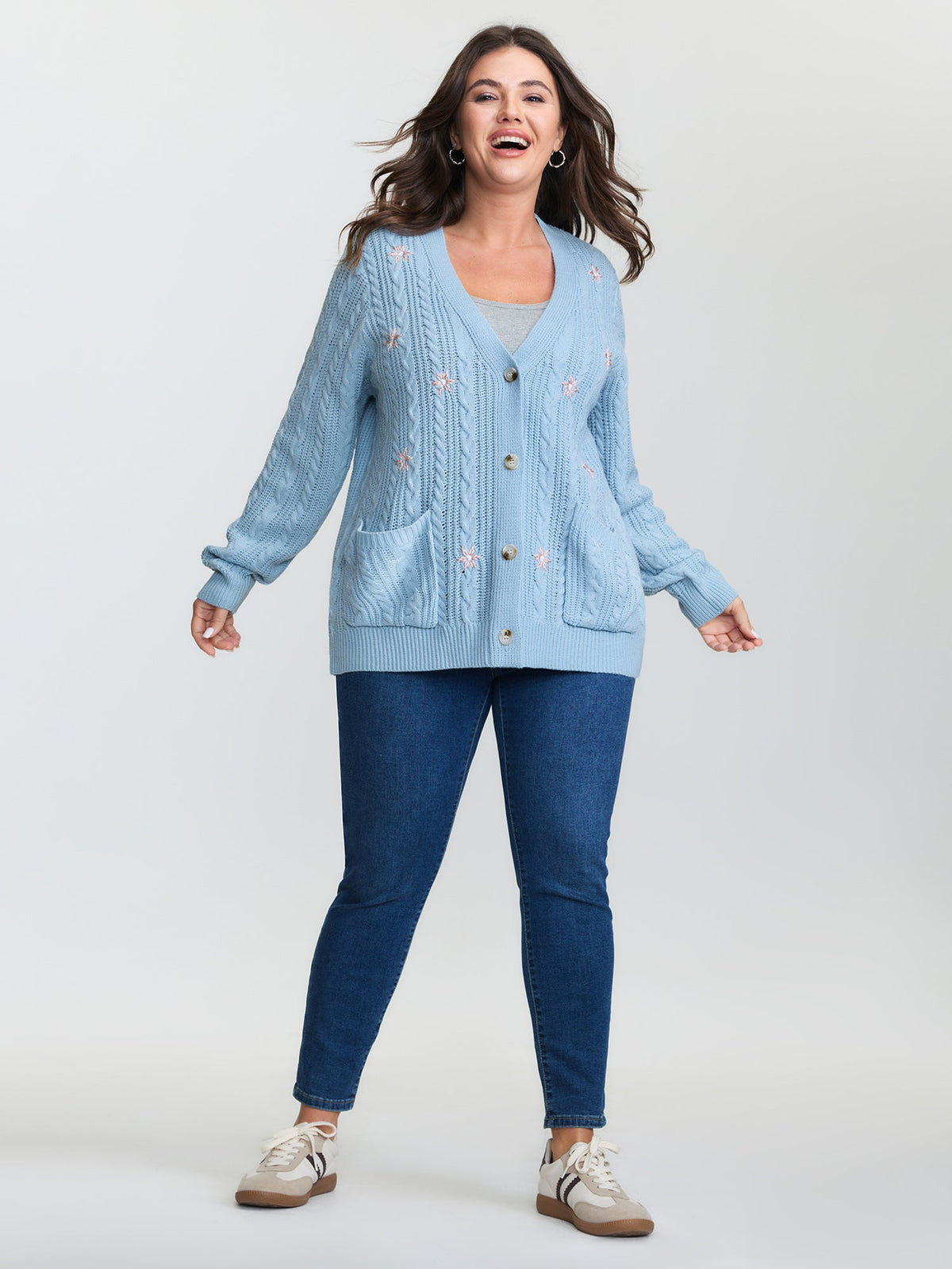 Braided Texture Floral Embroidery Knit Cardigan