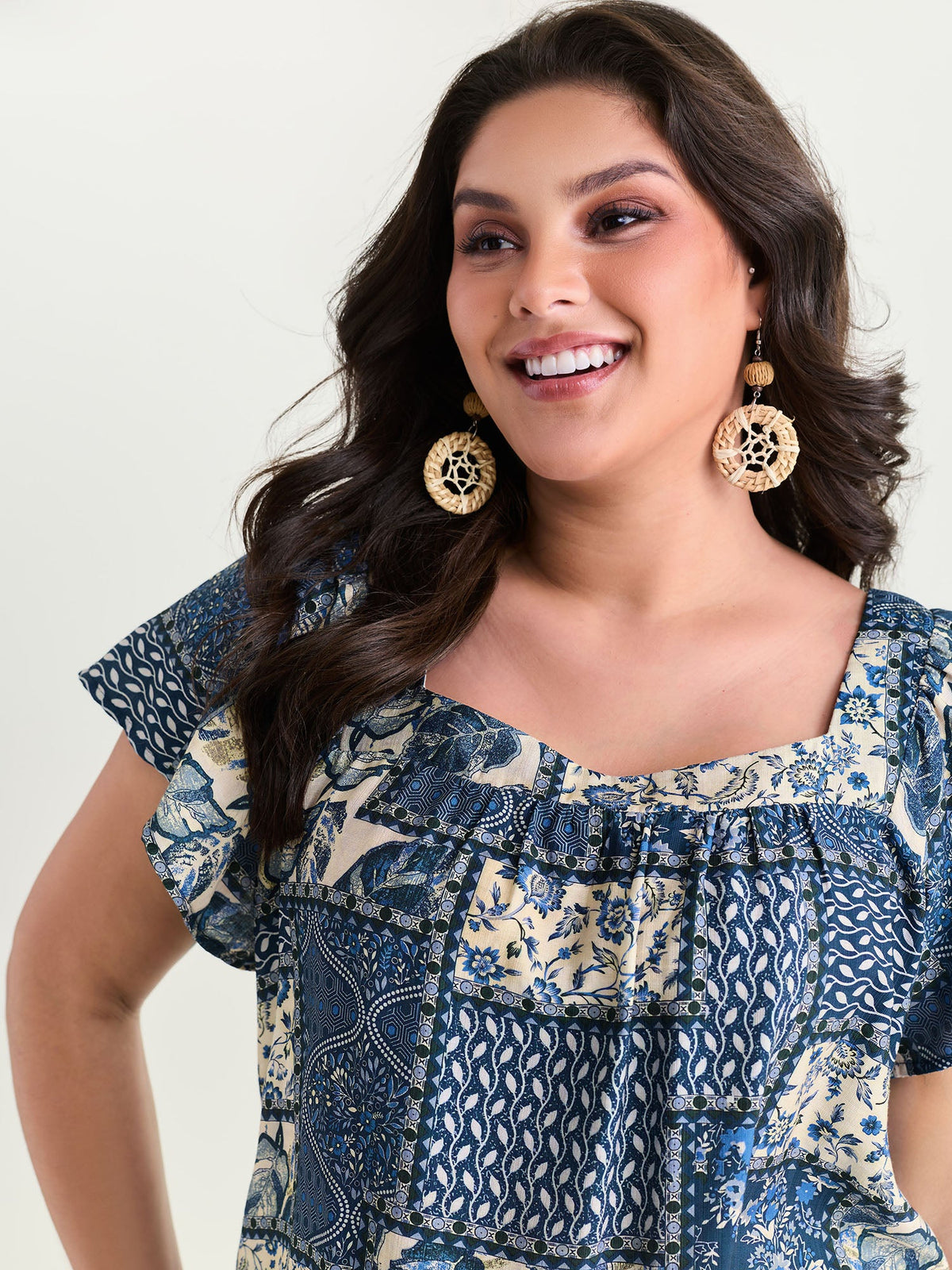 Collage Print Square Neckline Blouse