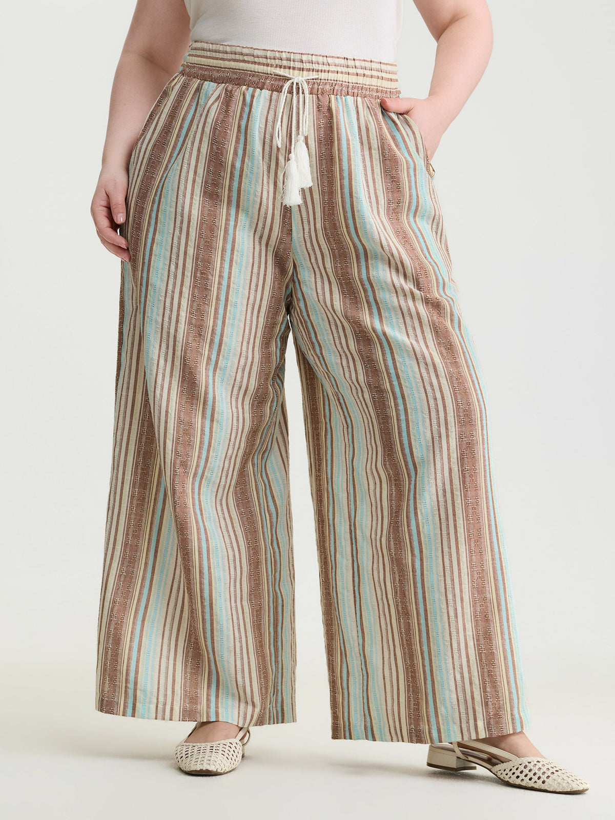 Cotton Striped Drawstring Wide Leg Pants