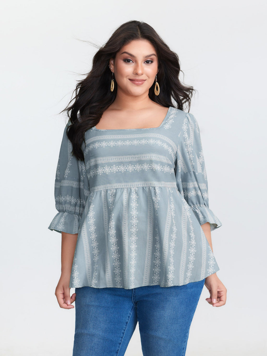 Boho Stripe Print Square Neck Blouse