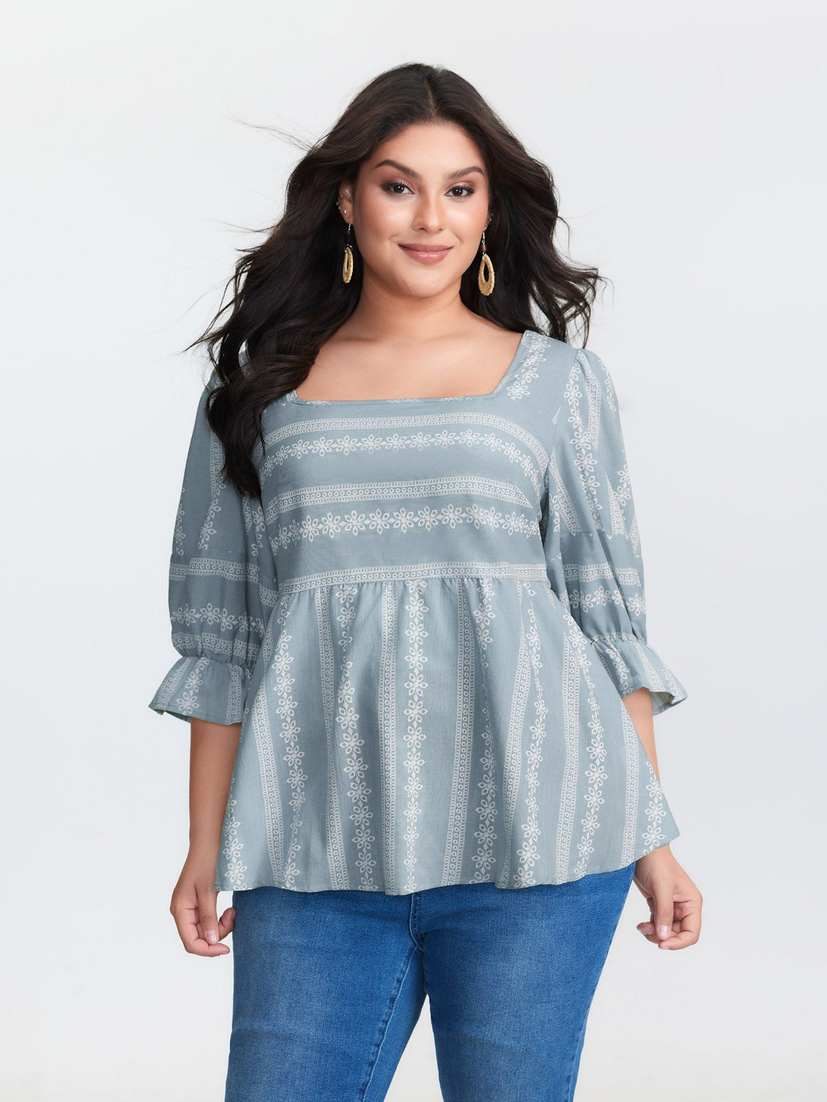 Boho Stripe Print Square Neck Blouse