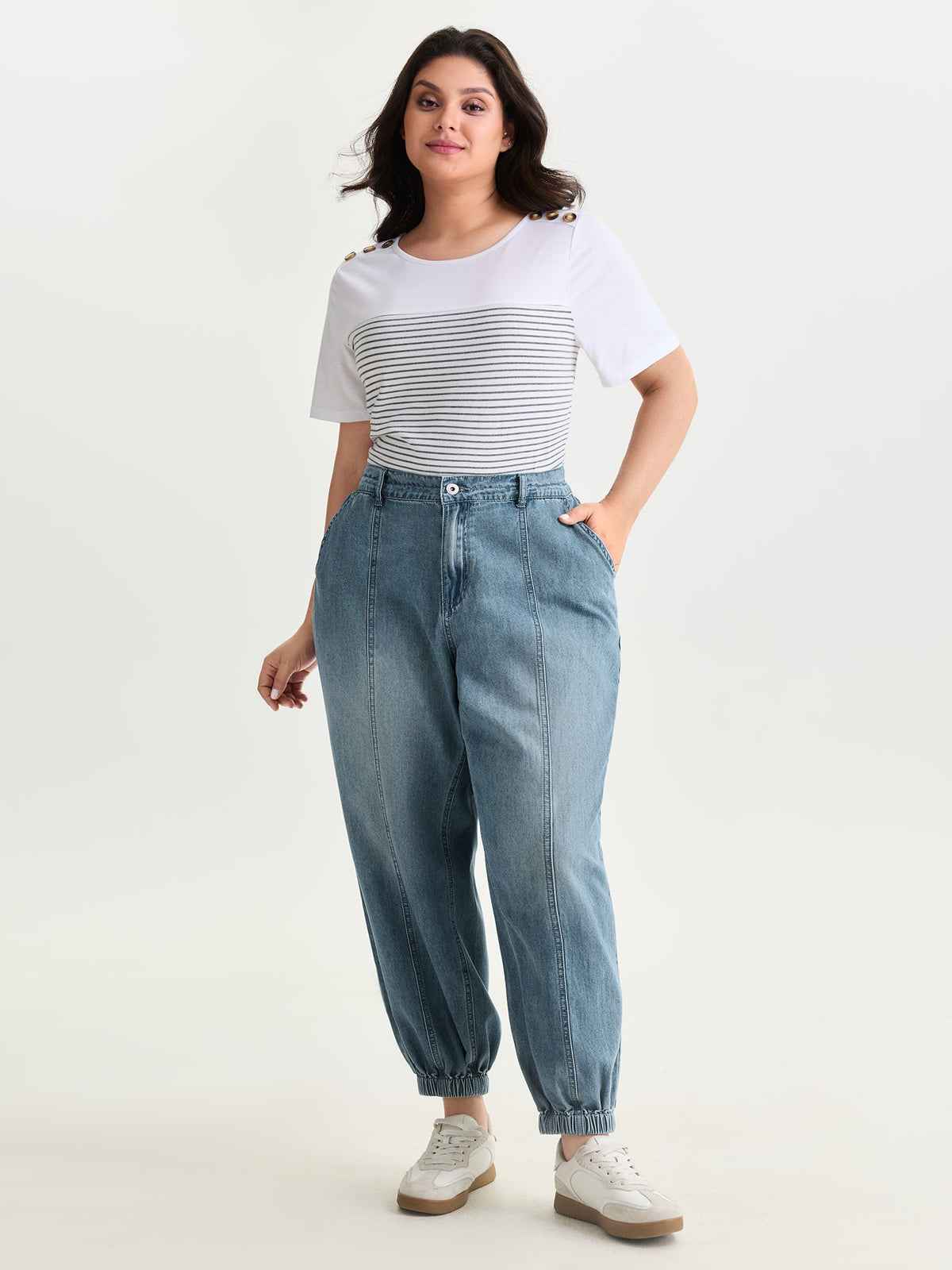 Elastic Waist Cuffed Medium Wash Jeans