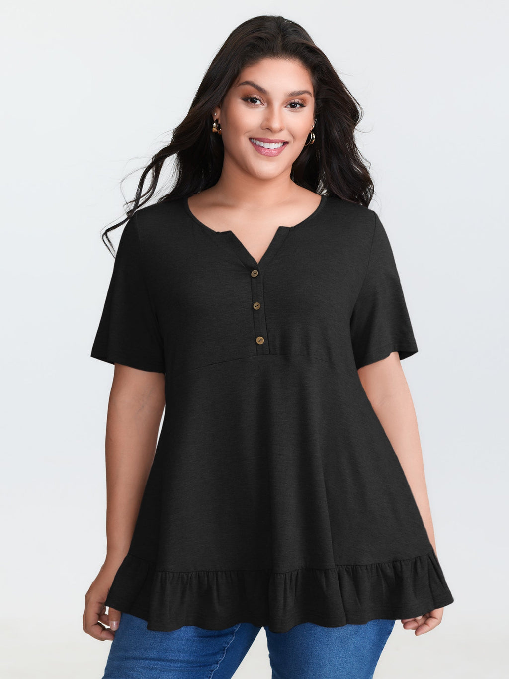 Supersoft Stretchy Ruffled Hemline Button T-Shirt