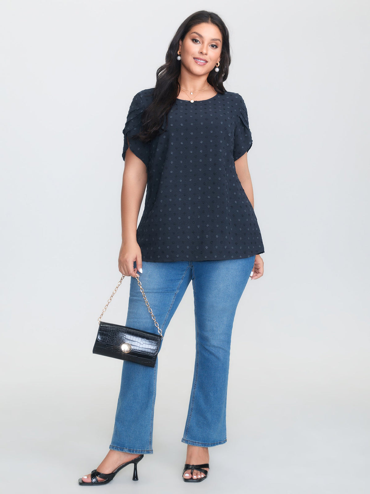 Textured Color Contrast Petal Sleeve Blouse