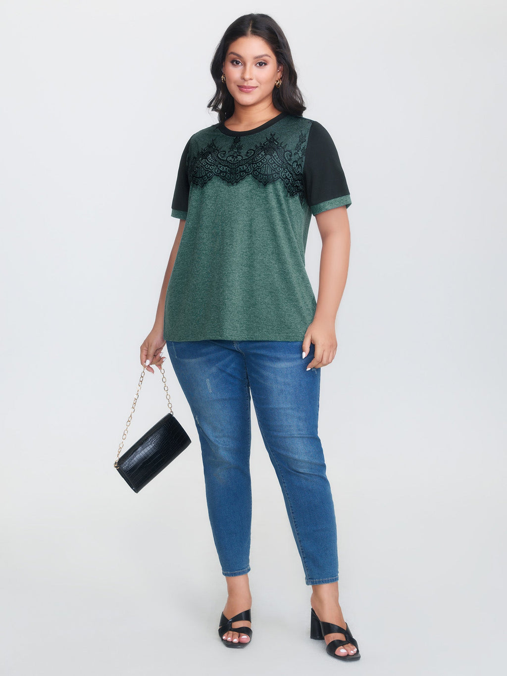 Stretchy Scalloped Lace Color Contrast T-Shirt