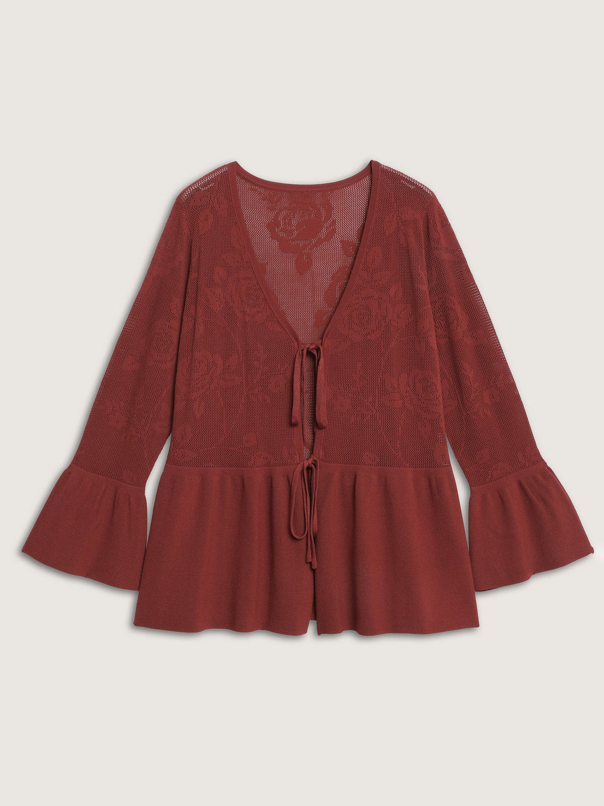 Eyelet Jacquard Ruffled Hem Knit Cardigan