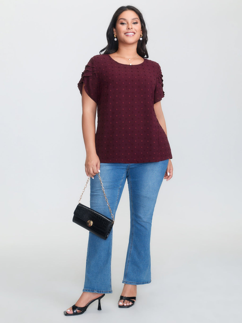 Textured Color Contrast Petal Sleeve Blouse