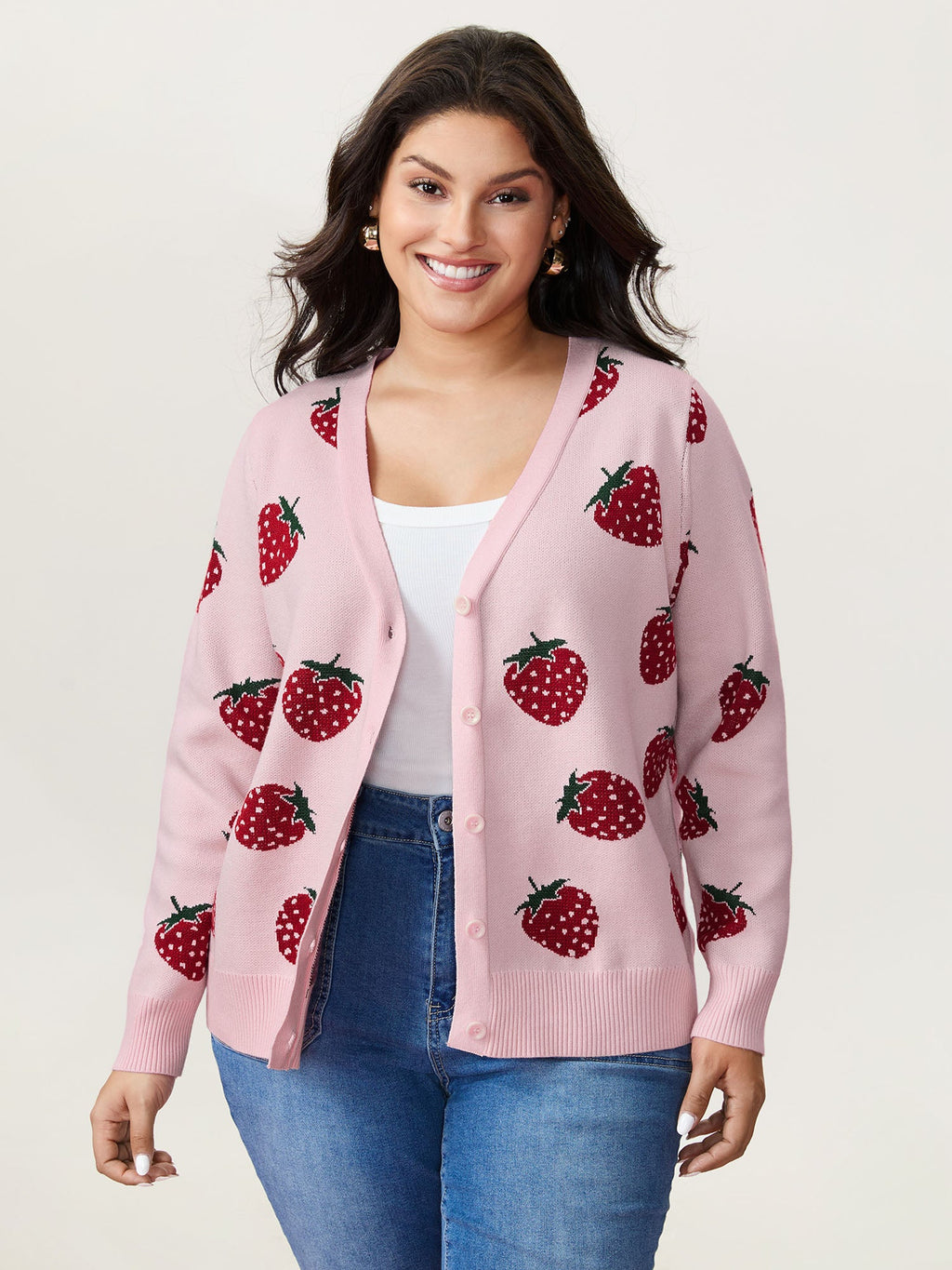 Strawberry Pattern Button-Front Knit Cardigan