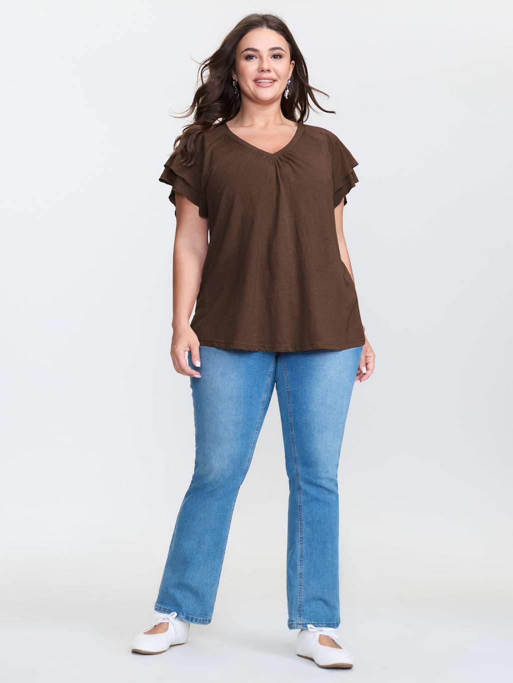 Stretchy Textured Flared Sleeve T-Shirt