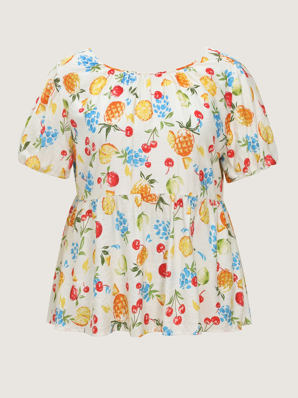 Fruit Print Bowknot Pleated Neckline Blouse
