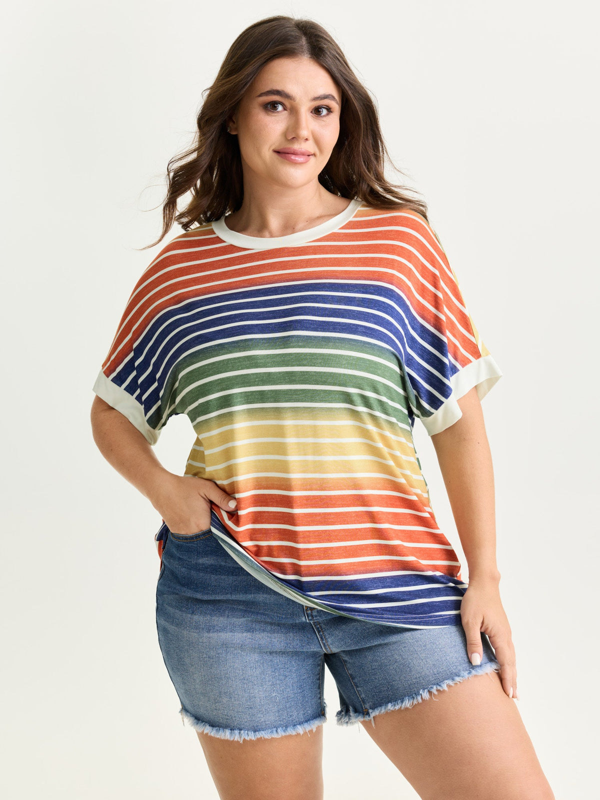Colorful Gradient Stripe Round Neck T-Shirt