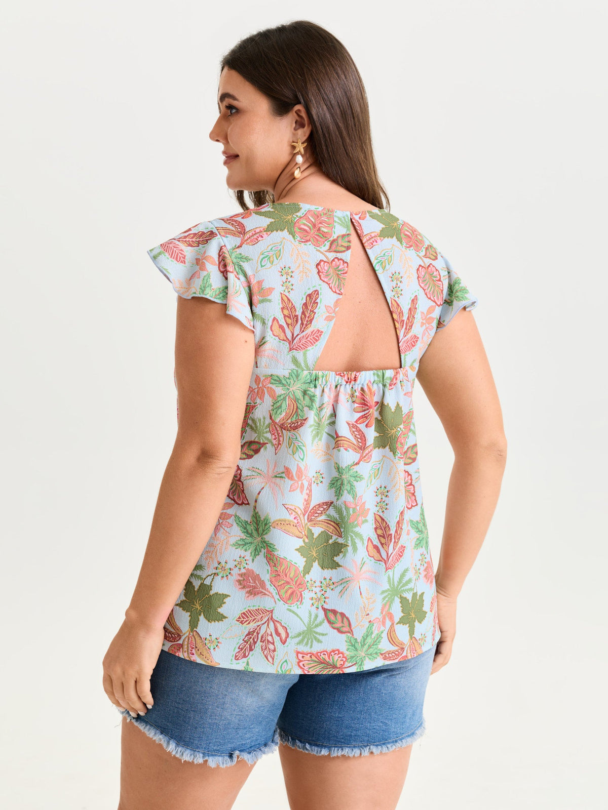 Bright Floral Texture Open-Back Blouse