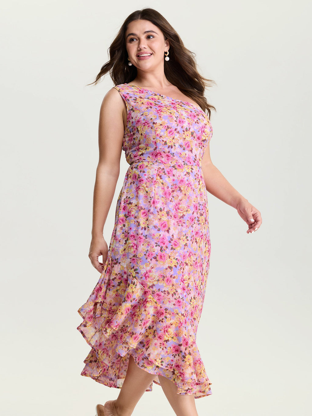 Floral Ease Ruffled Hem One-Shoulder Midi Dress