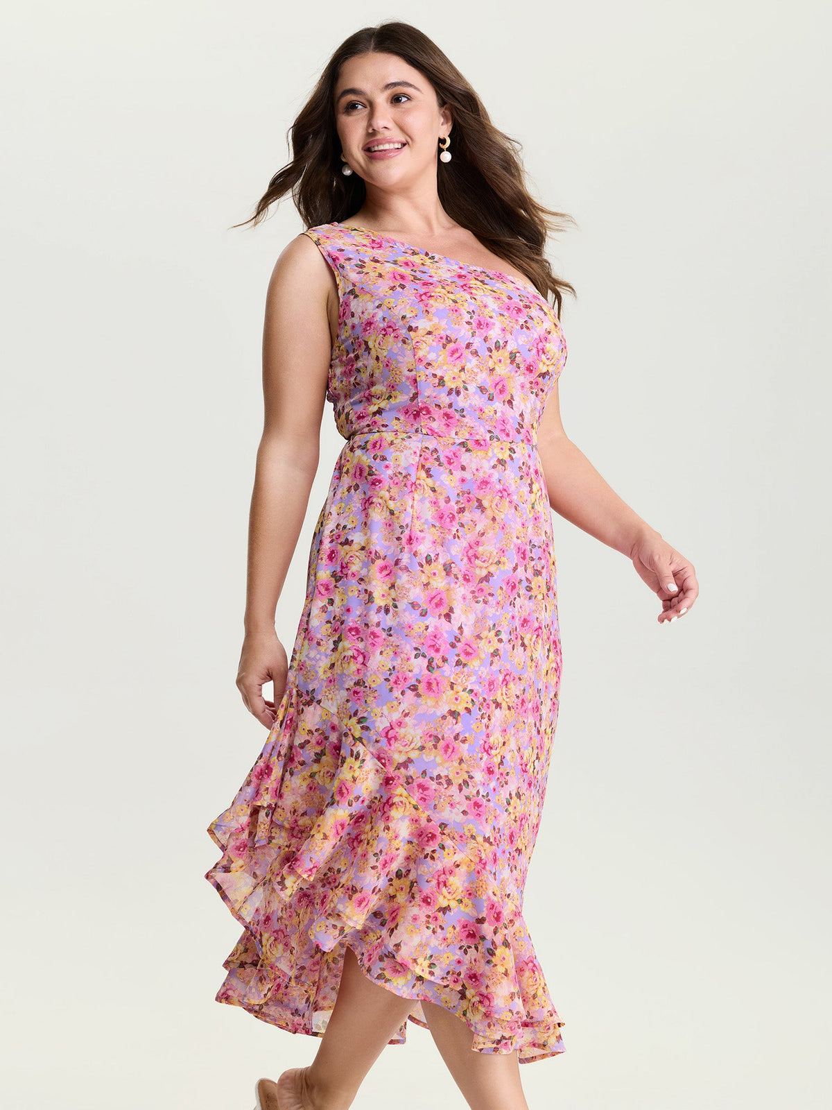 Floral Ease Ruffled Hem One-Shoulder Midi Dress