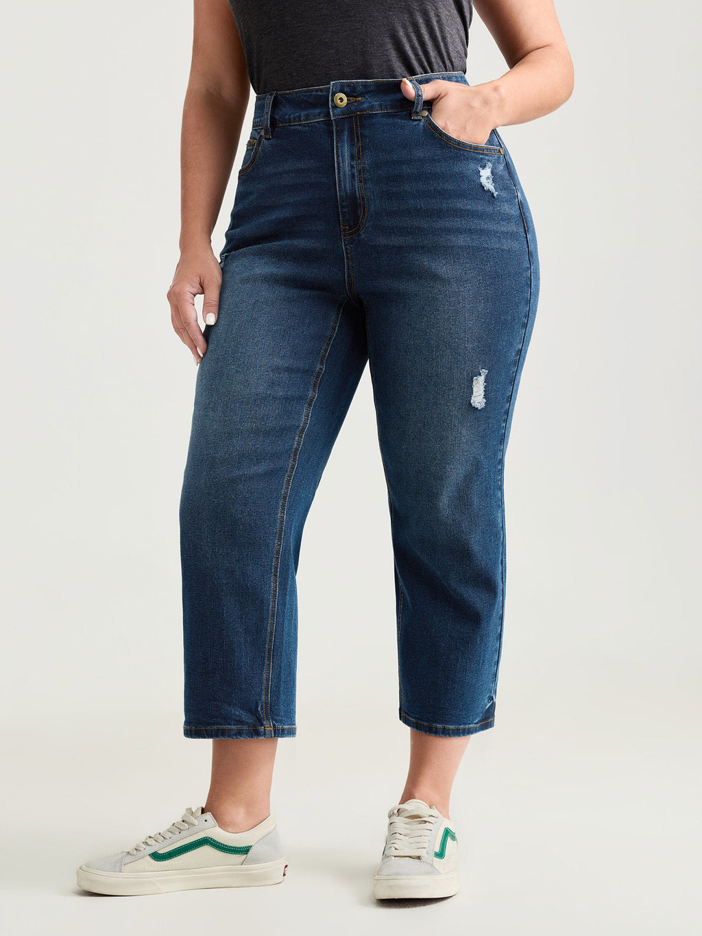 No-Gap Waist Distressed Cropped Jeans