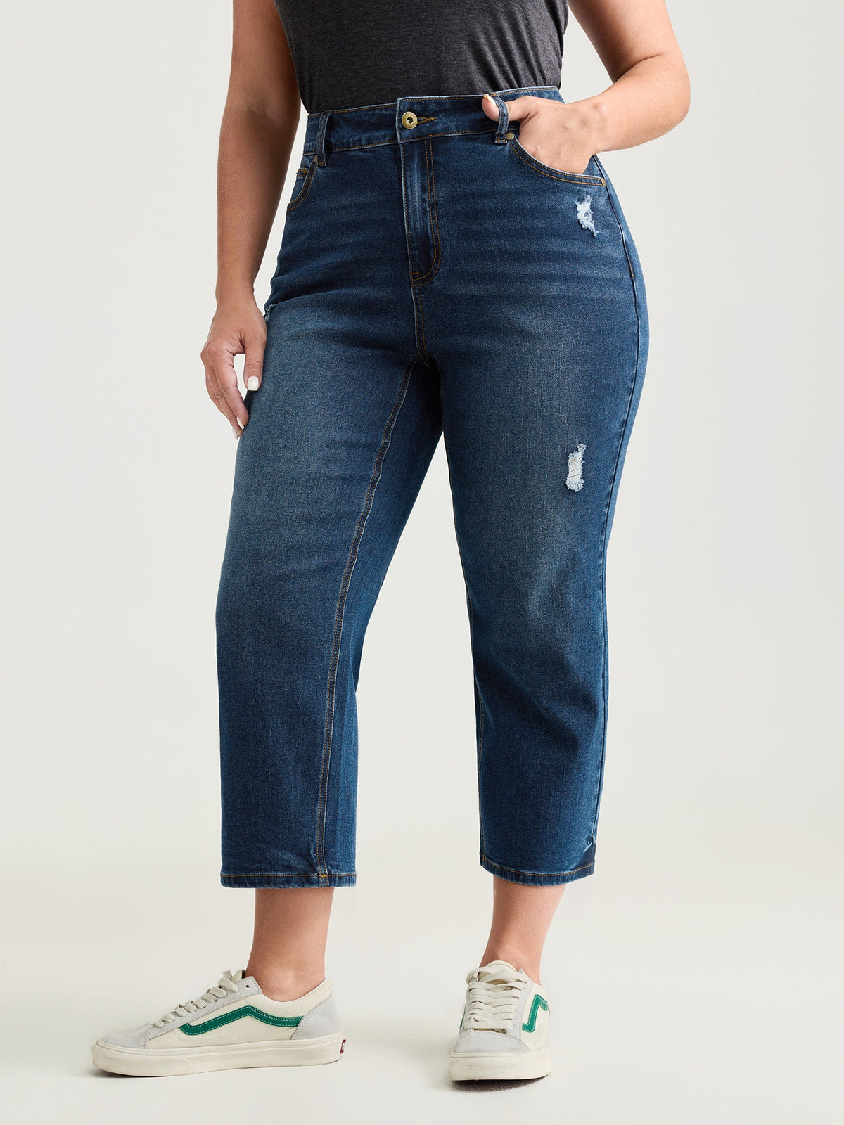 No-Gap Waist Distressed Cropped Jeans