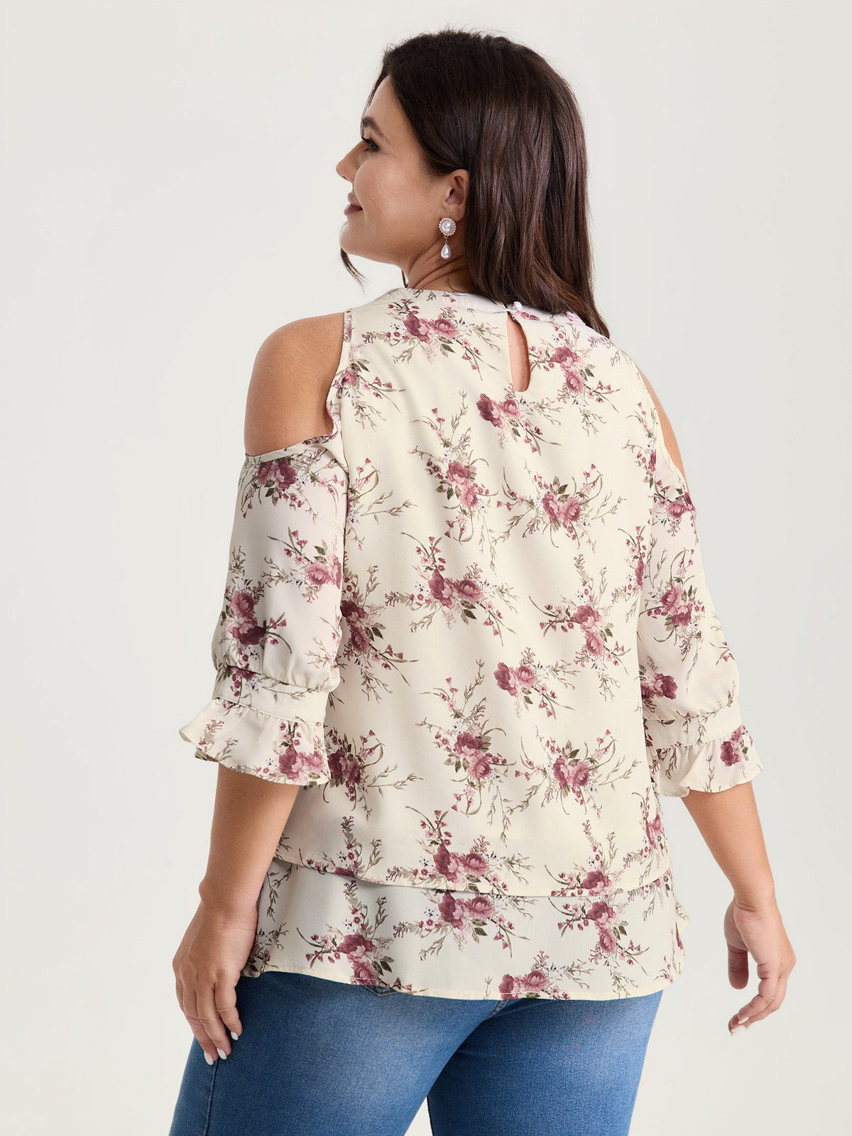 Blooming Floral Layered Hem Cut-Out Shoulder Blouse