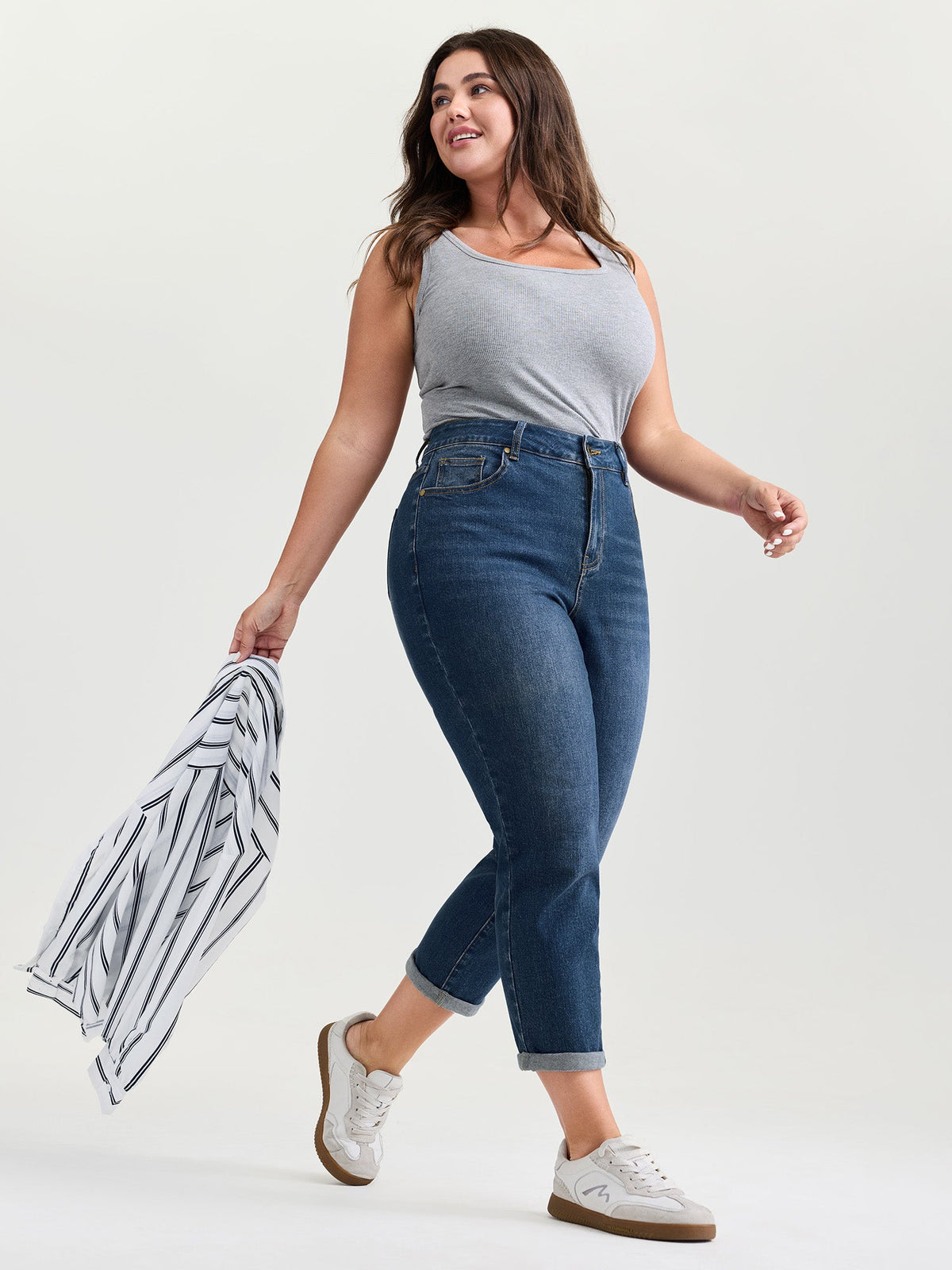Stretchy High Rise Folded Hem Jeans