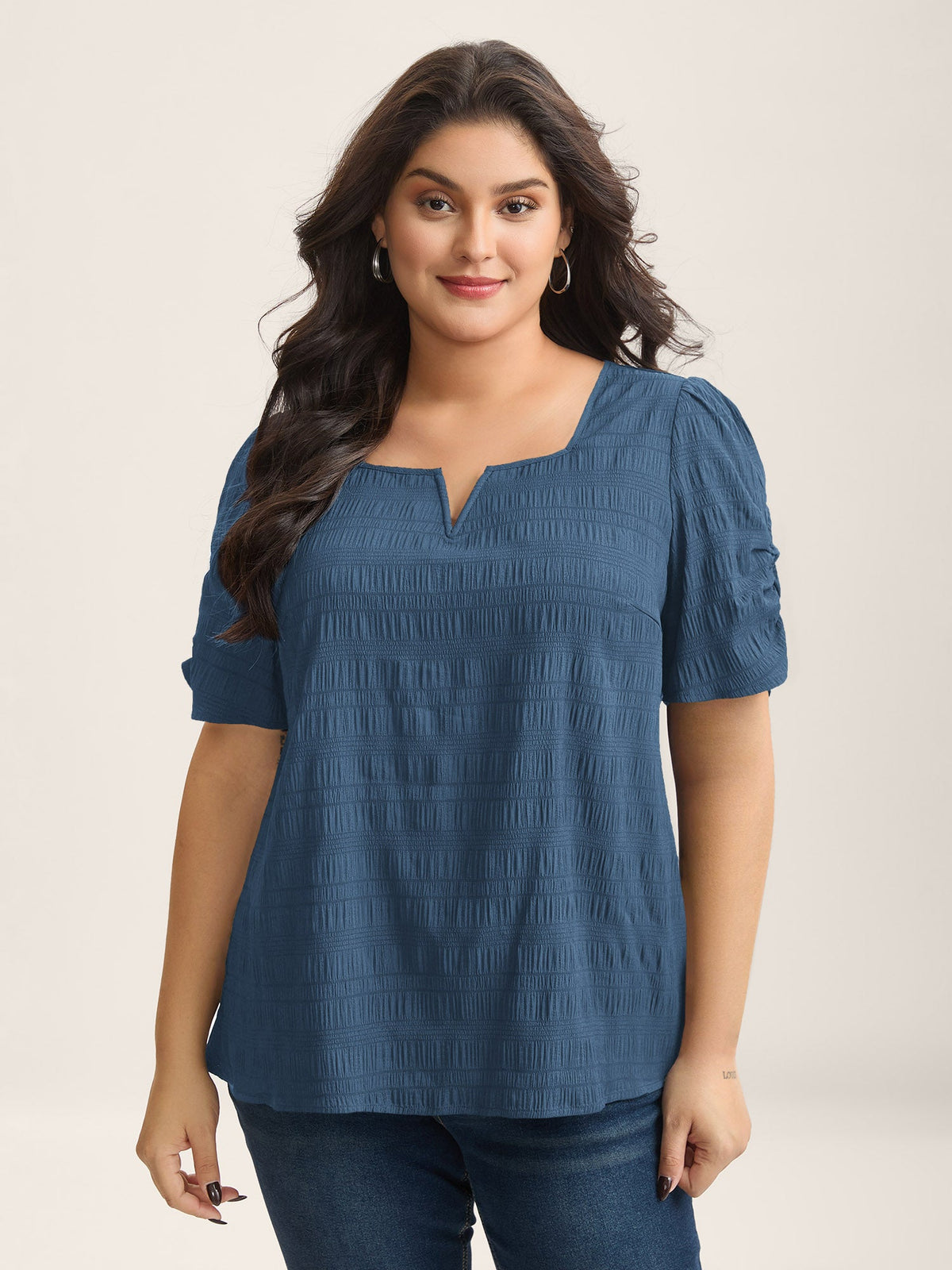 Textured Gathered Sleeve Split Neck Blouse