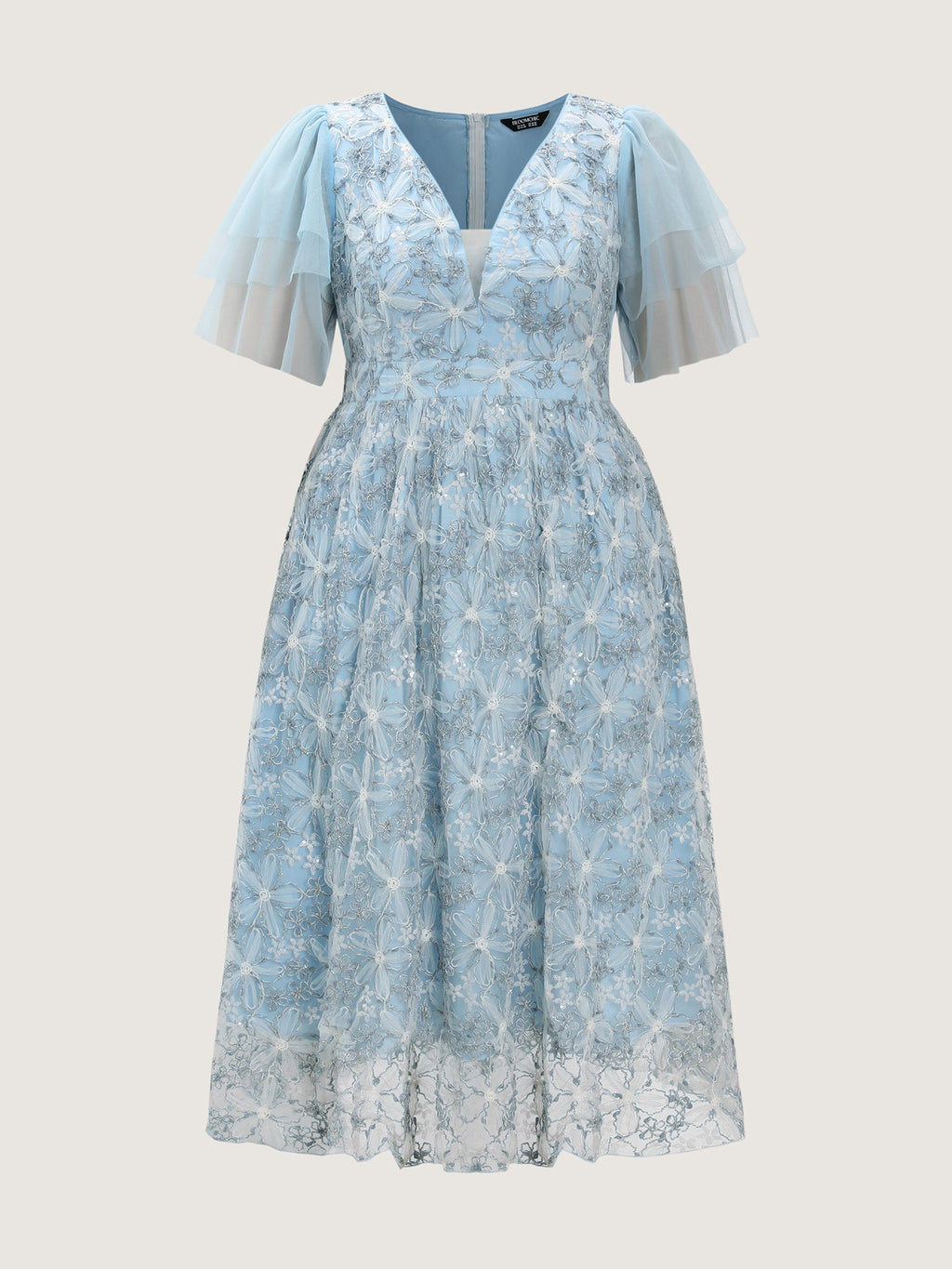Floral Mesh Embroidered Lotus Leaf Sleeve Midi Dress