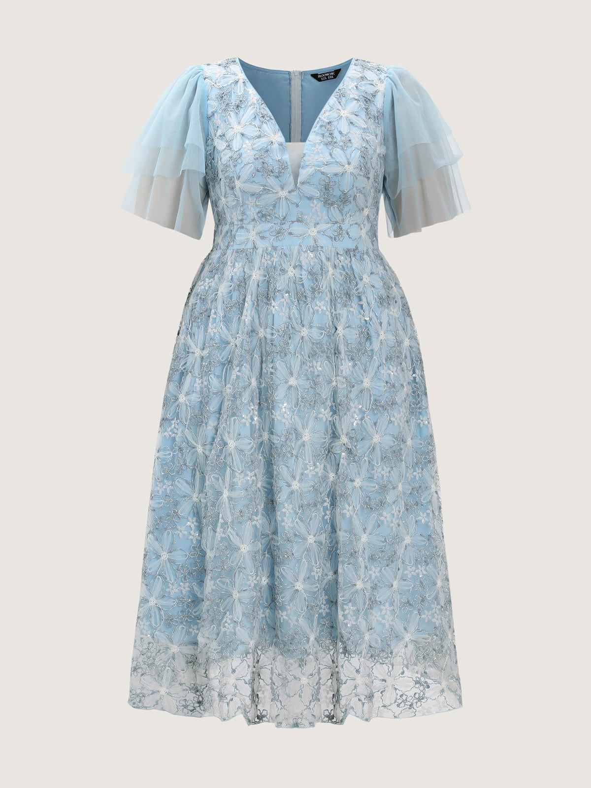 Floral Mesh Embroidered Lotus Leaf Sleeve Midi Dress