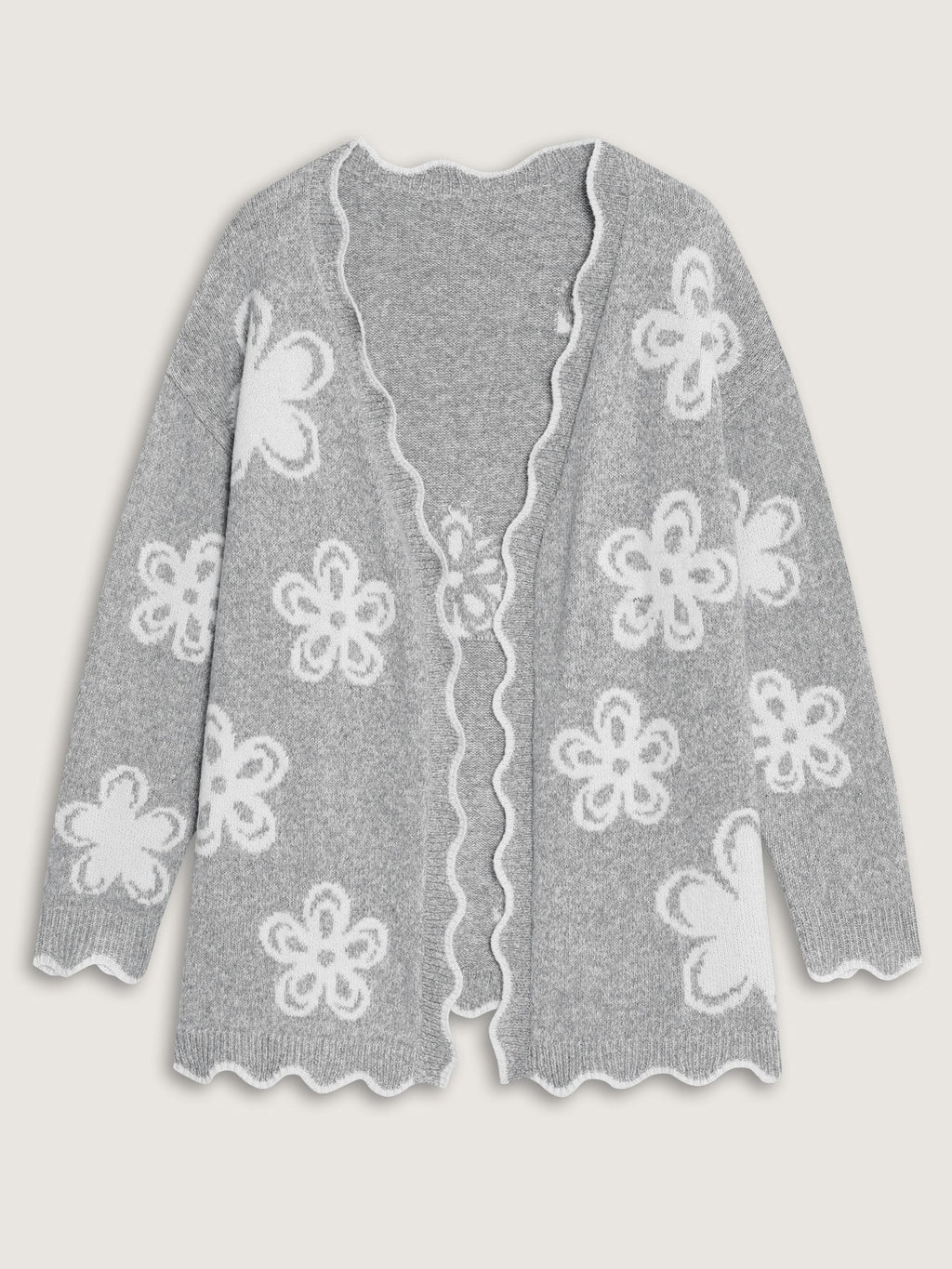 Floral Pattern Scalloped Hem Knit Cardian