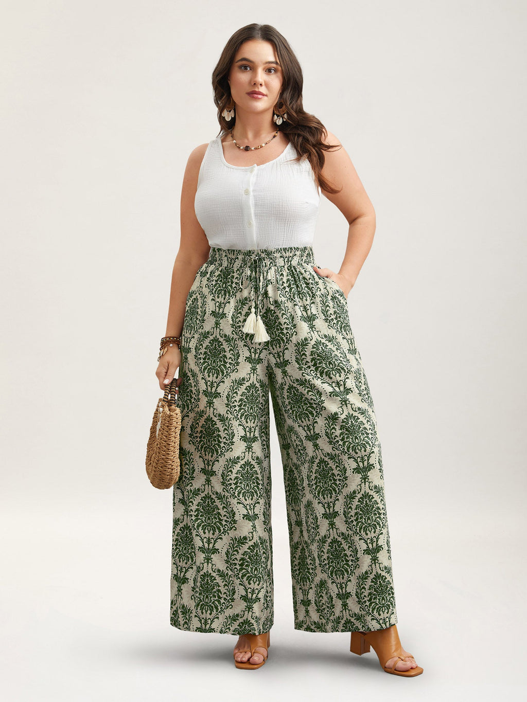 Damask Print Tassel Straight-Leg Pants