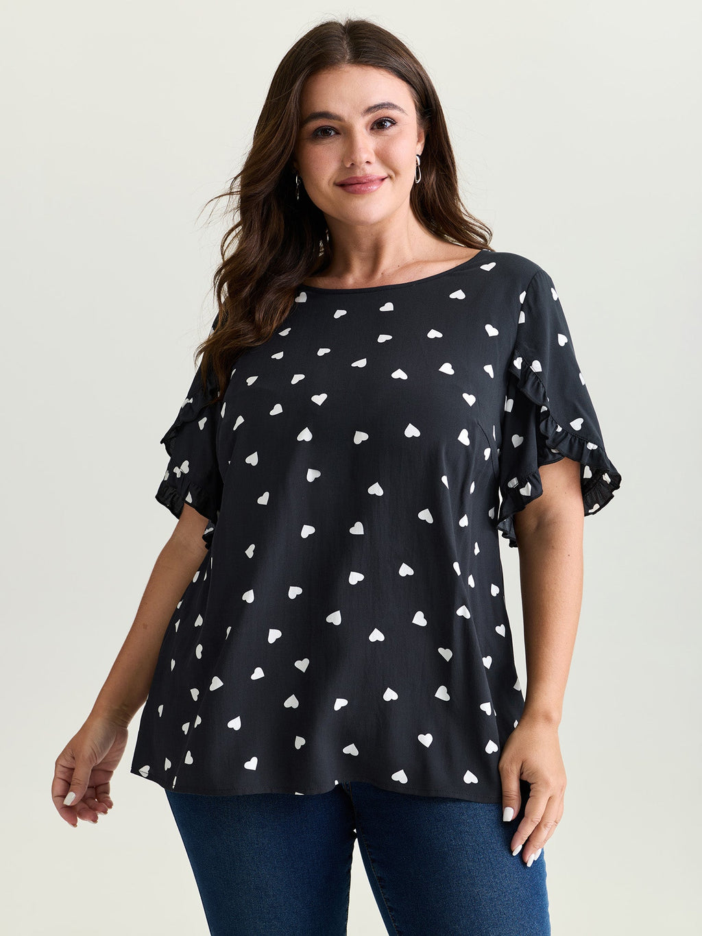 Ruffled Overlap Sleeve Heart Pattern Blouse