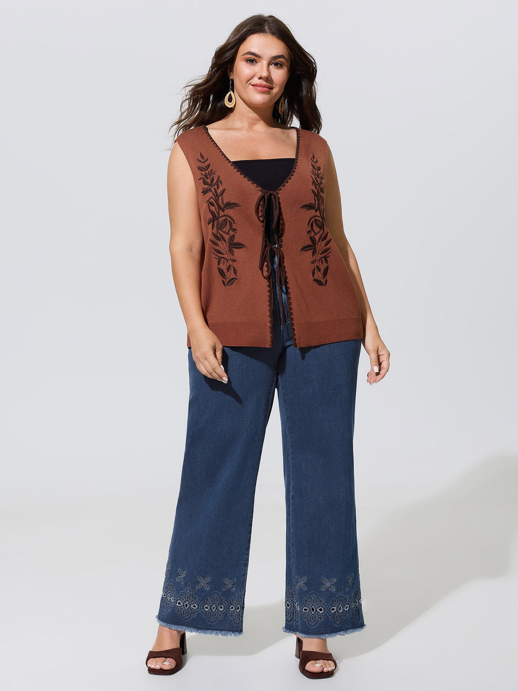 Floral Embroidered Tie Front Knit Vest