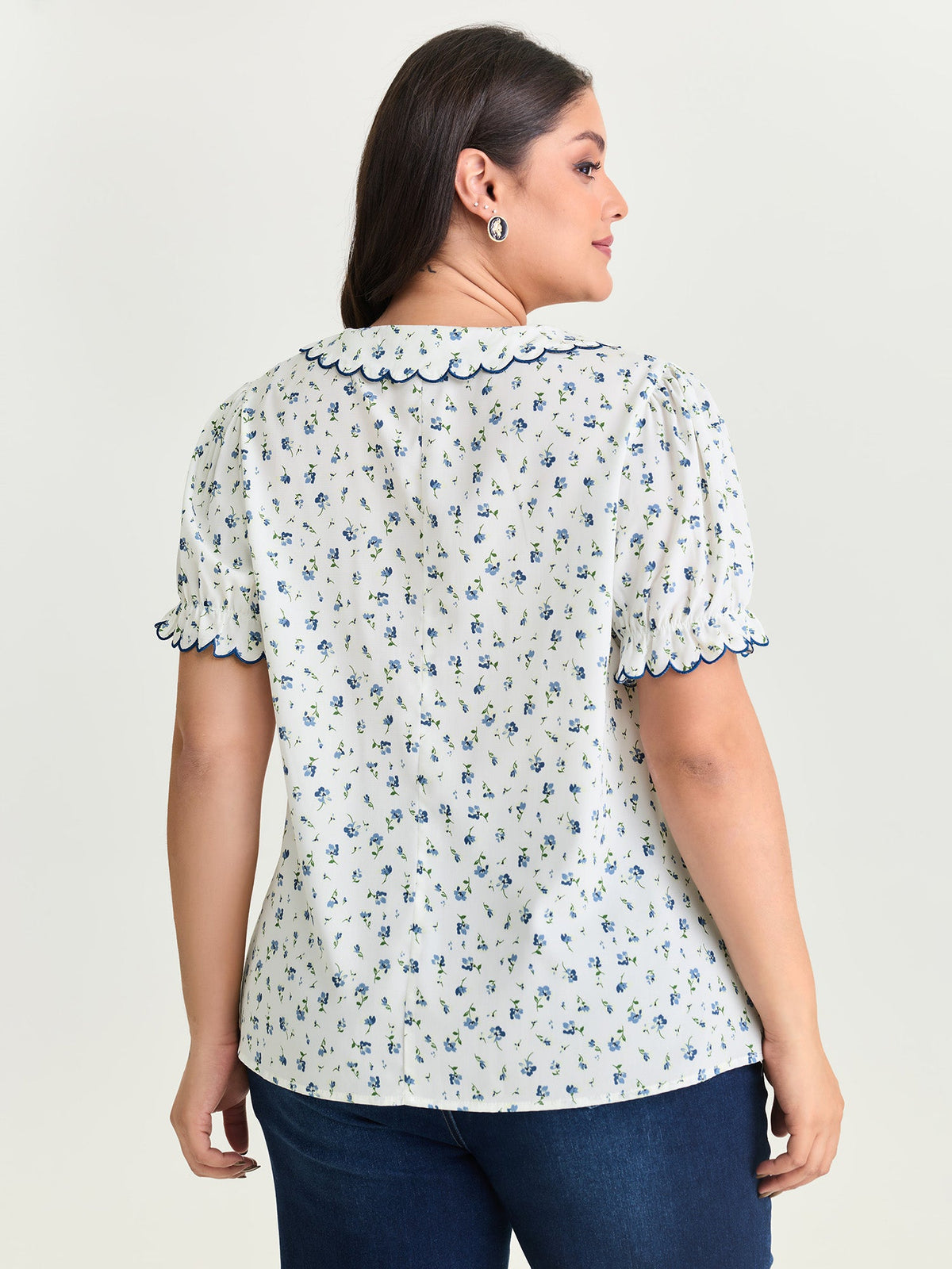 Floral Embroidery Pleated Button-Front Blouse