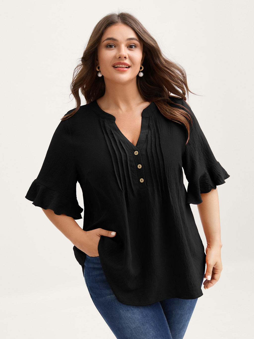 Toothpick Pleats Ruffled Sleeve Solid Blouse