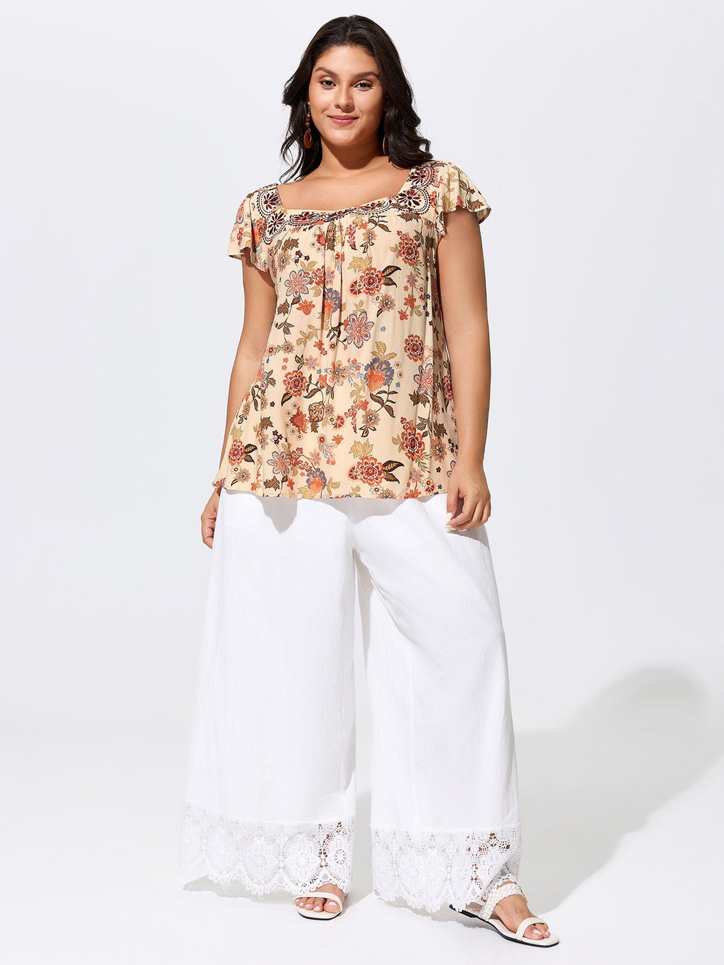 Floral Embroidered Square Neckline Flowy Blouse