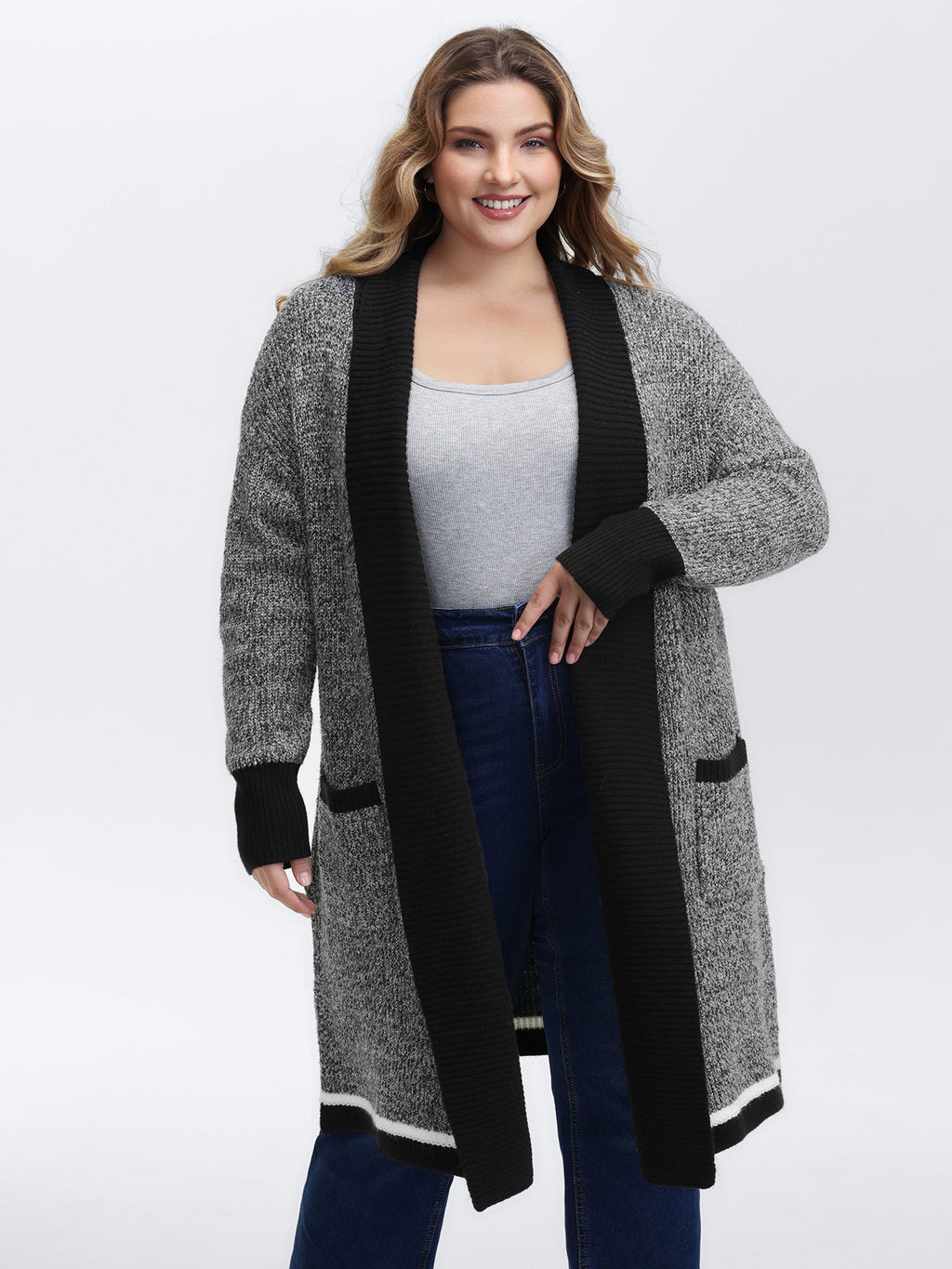 Color Contrast Trim Textured Pocket Knit Cardigan