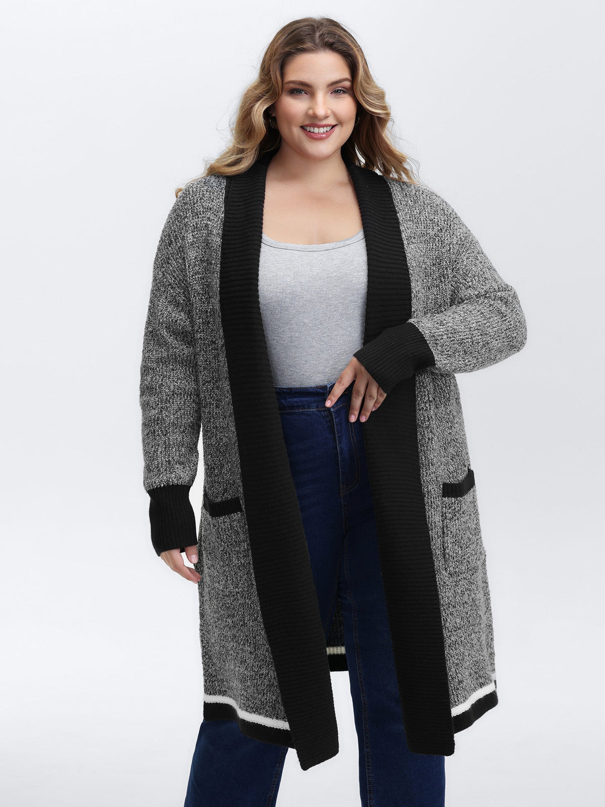Color Contrast Trim Textured Pocket Knit Cardigan