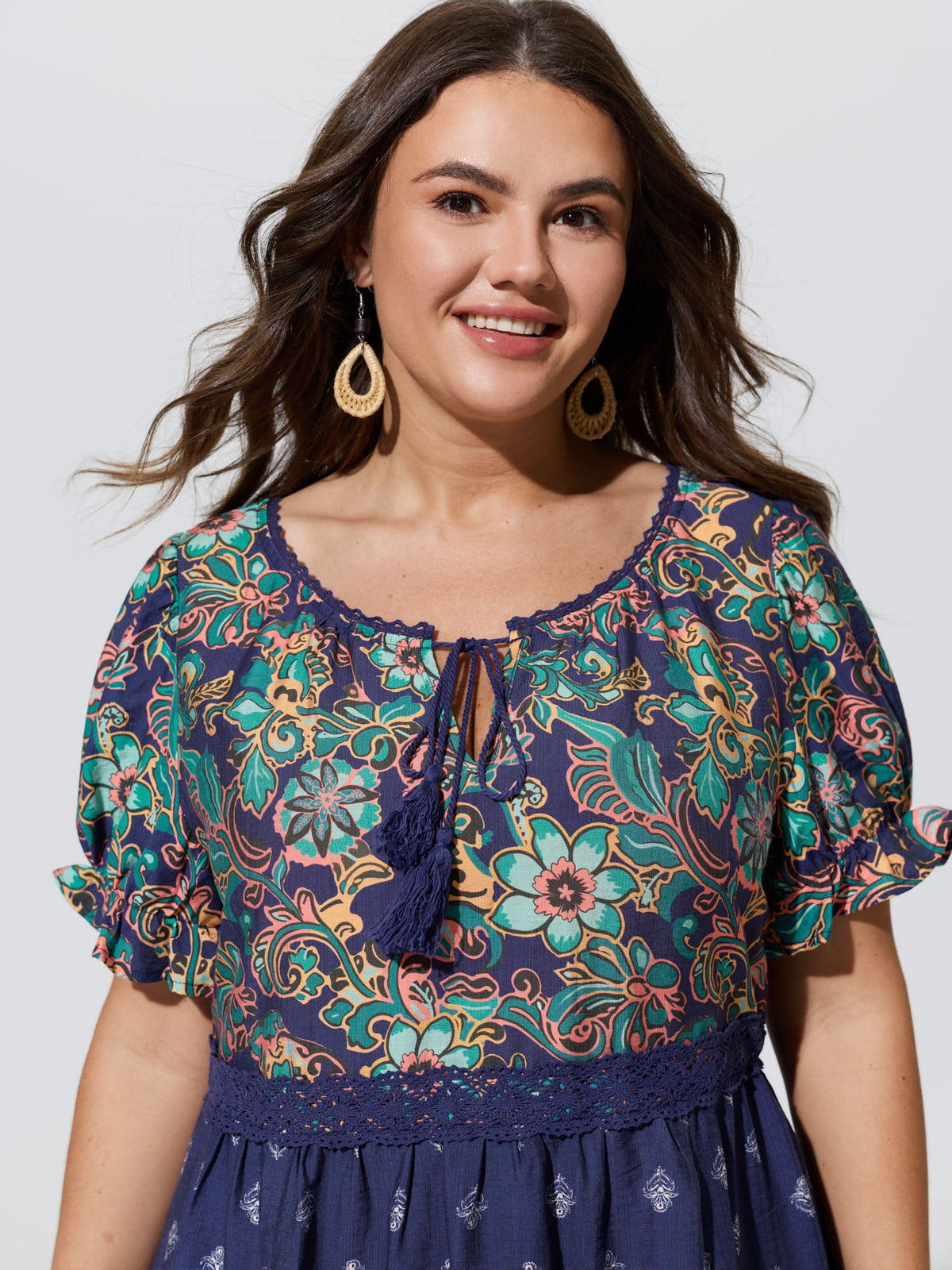 Floral Print Lace Neckline Flowy Blouse