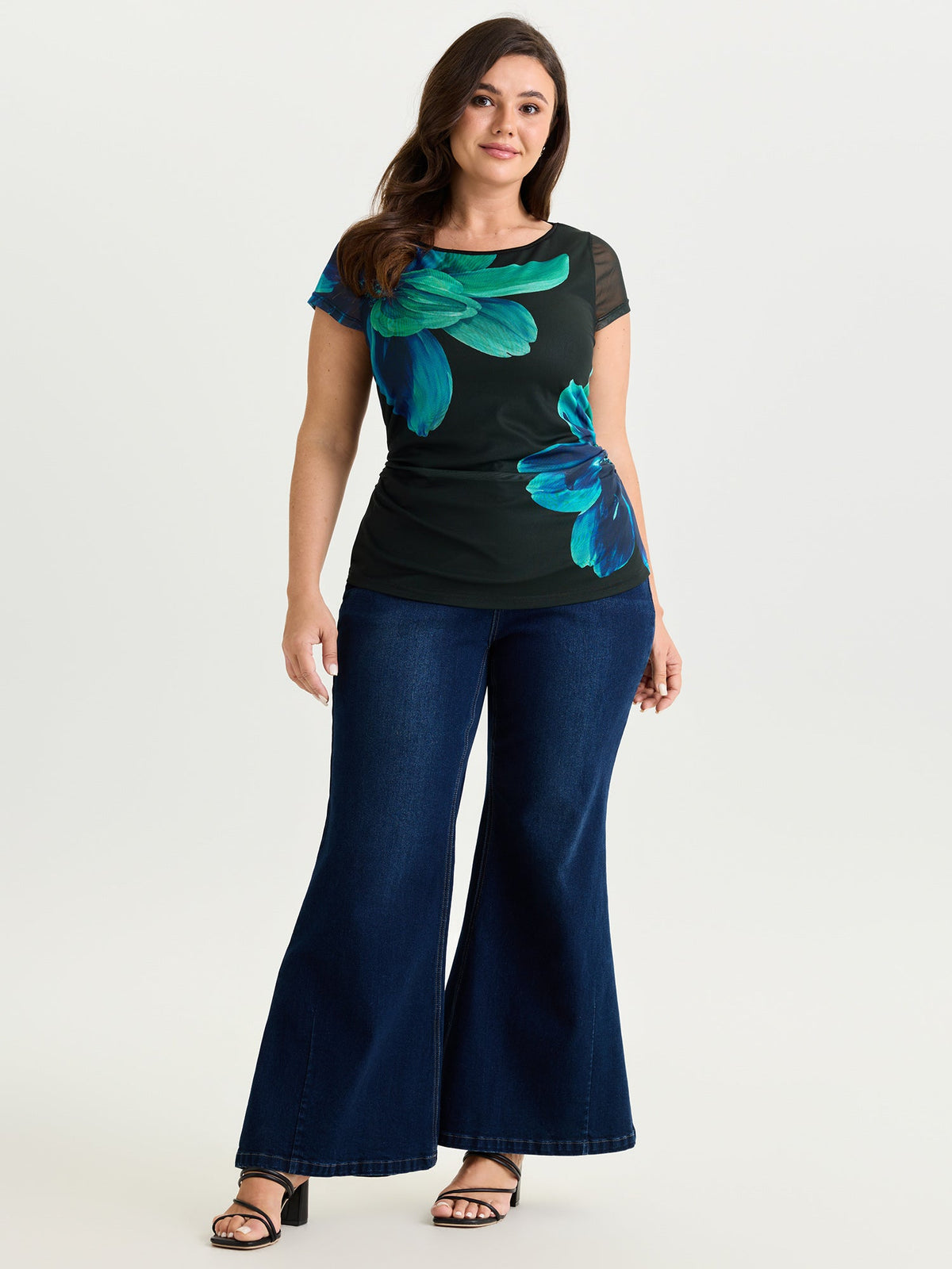 Floral Print Boat Neckline Fitted T-Shirt