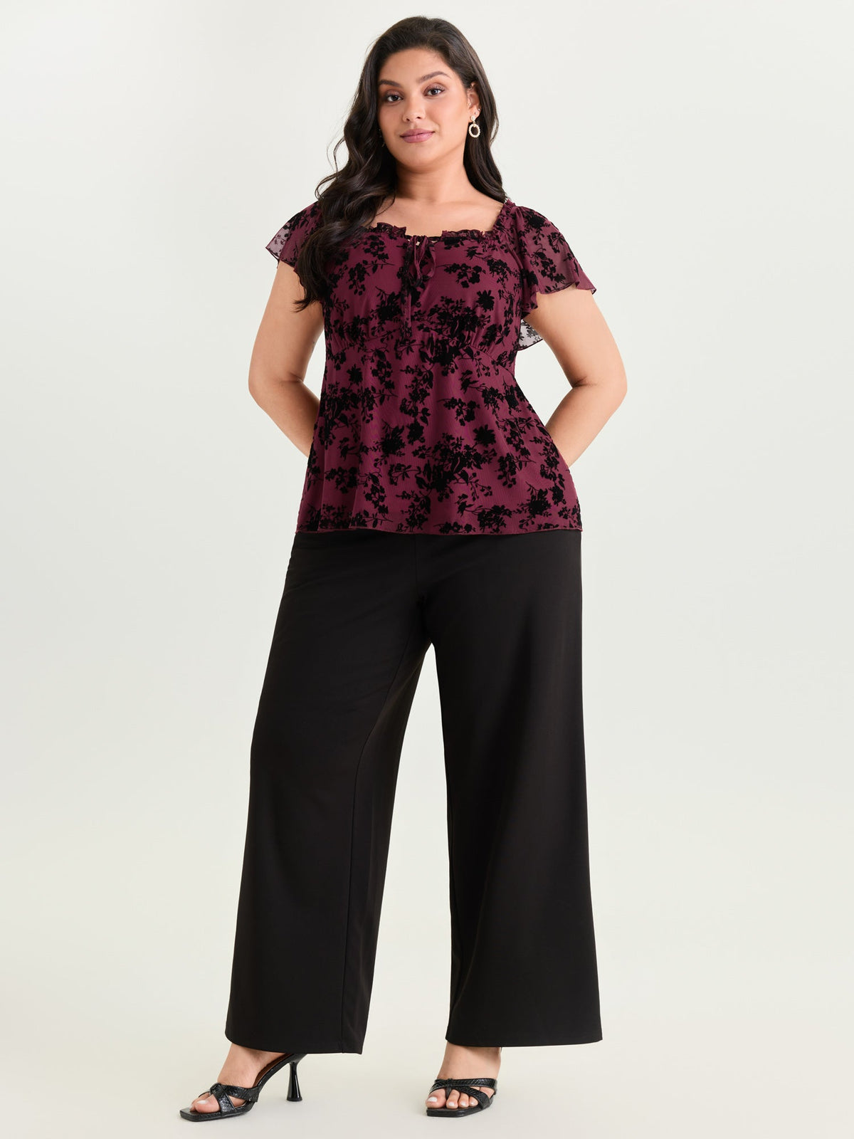 Flocked Floral Drawstring Neckline Knit Top
