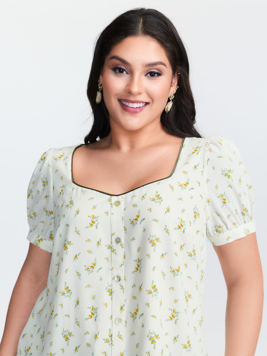 Floral Print Button Detail Color Contrast Blouse