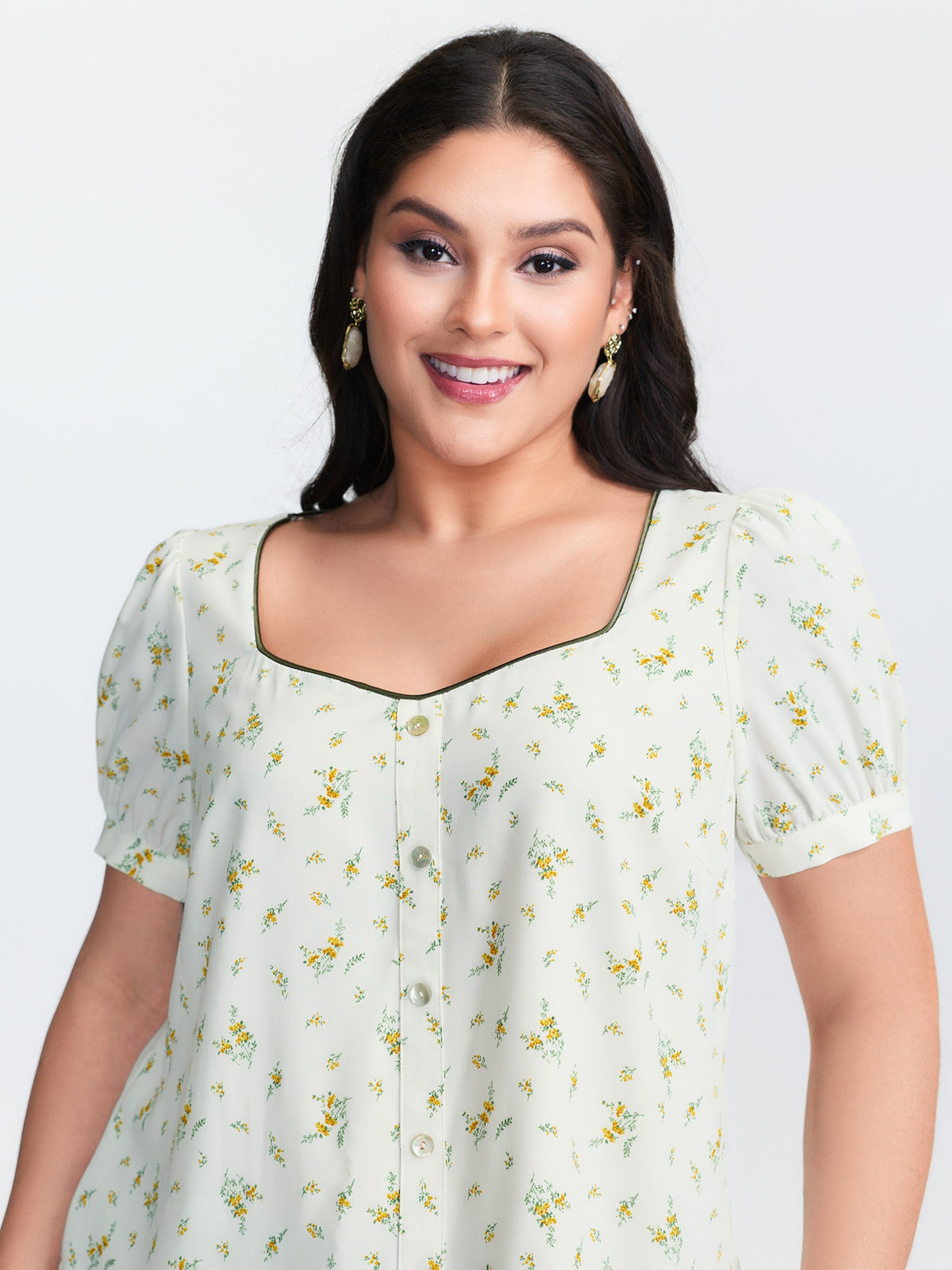 Floral Print Button Detail Color Contrast Blouse