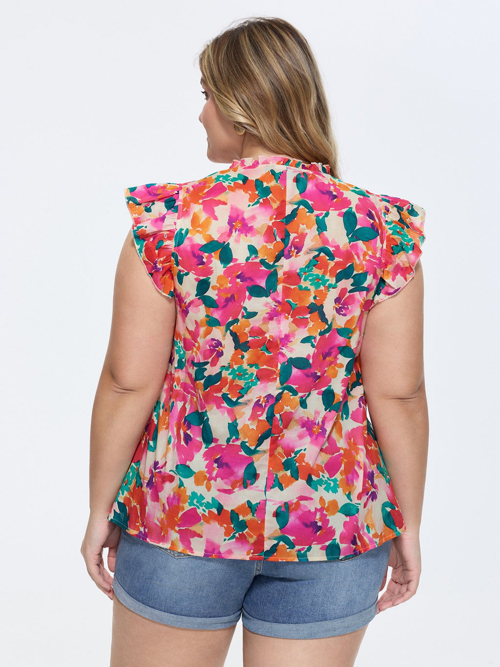 Cotton Vibrant Floral Print Flutter Sleeve Blouse