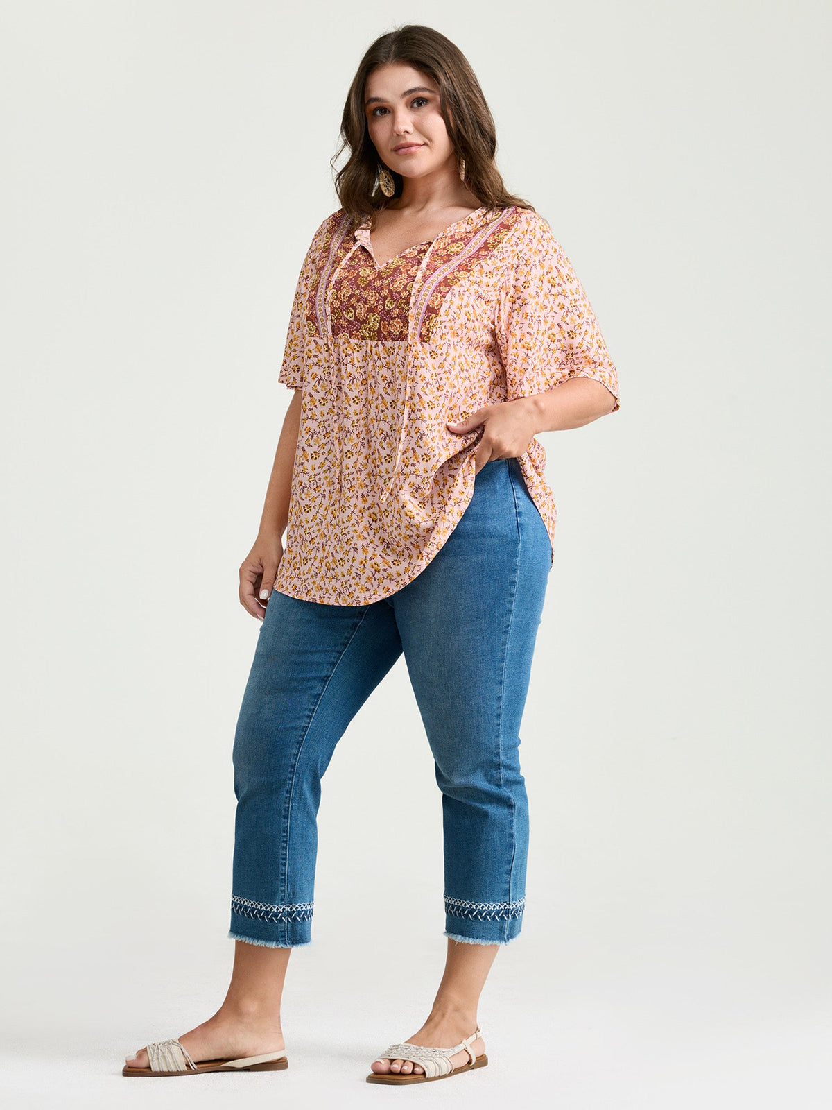 Micro Floral Print Drawstring Neckline Contrast Blouse