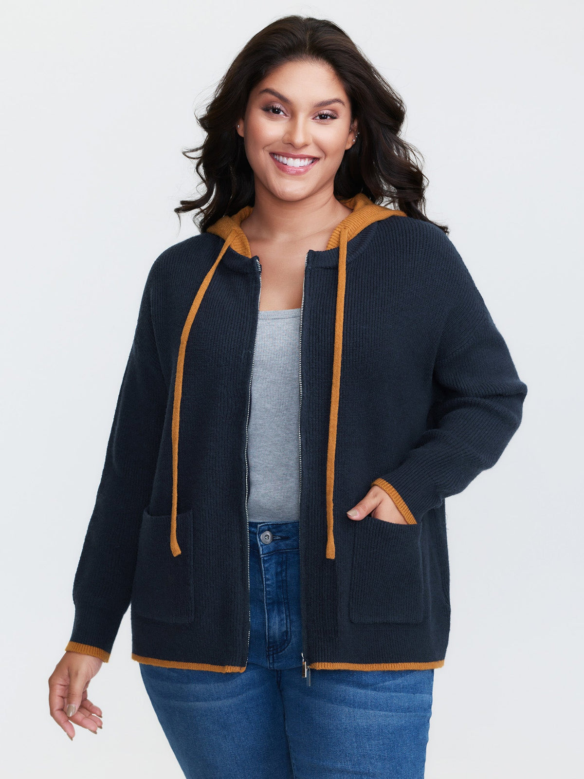 Contrast Hooded Zipper Front Pocketed Cardigan